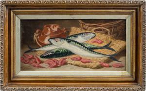 Charles Thomas Bale (británico, 1845 - 1925) - Bodegón de pescados y gambas.